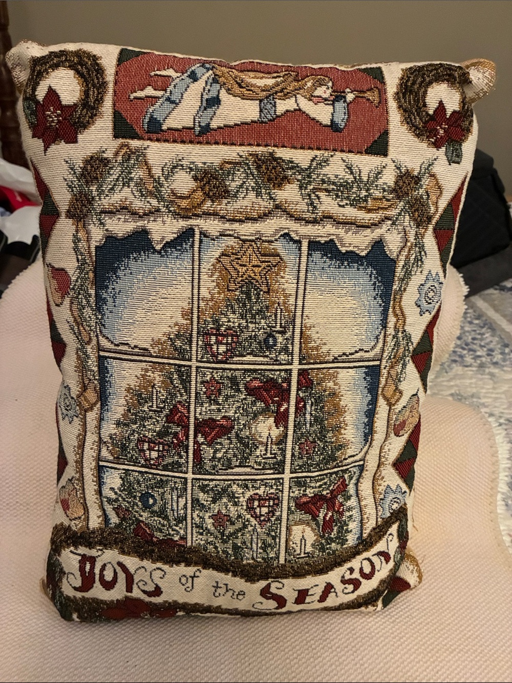 VTG Holiday Window Tapestry Throw Pillow - Joys of the Season (Red, Green, Gold)